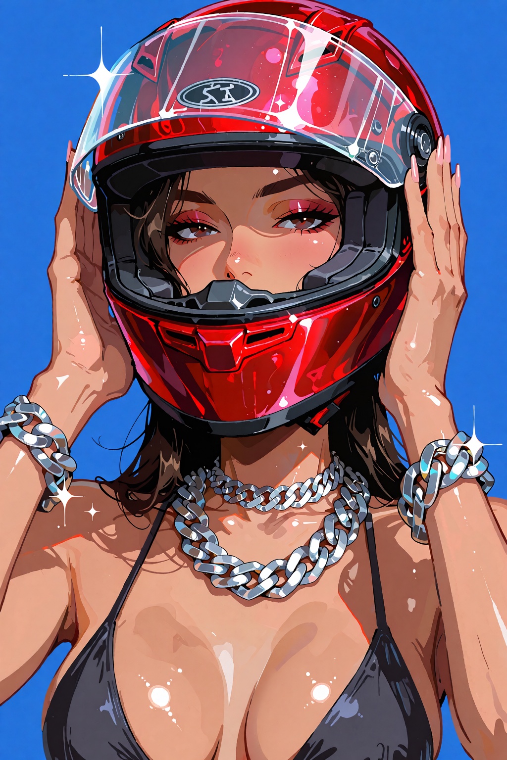 A stylized anime-inspired fashion illustration of a confident woman adjusting a glossy red motorcycle helmet,  centered ag...