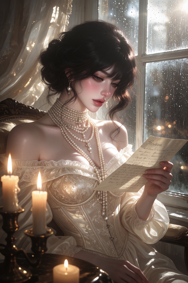 A romantic portrait of a young woman seated beside a rain-kissed window inside an elegant Victorian manor,  delicately hol...