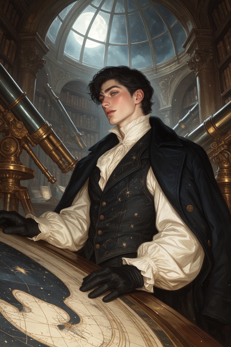 A contemplative portrait of a young astronomer standing within an ancient observatory lined with towering bookshelves and...