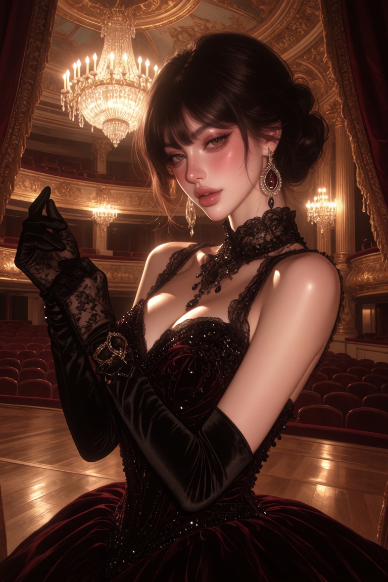 A glamorous portrait of a young woman standing alone backstage inside an opulent opera house moments before the curtain ri...