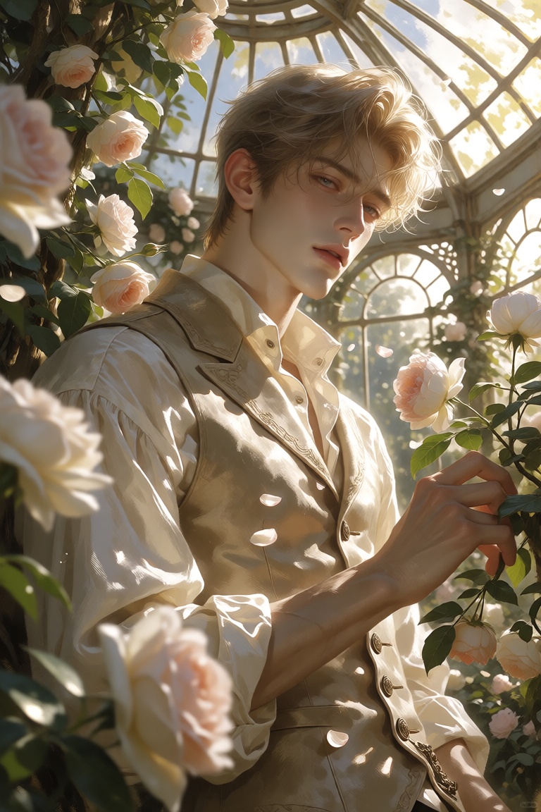 A serene portrait of a young man standing within a Victorian glass conservatory overflowing with blooming white and blush...
