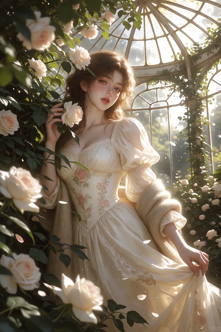 graceful portrait of a young woman wandering through an overgrown Victorian glass conservatory filled with blooming white...