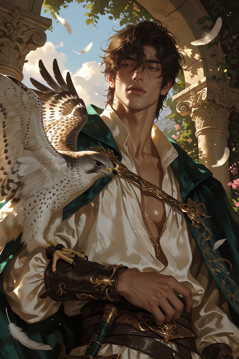 A striking portrait of a young nobleman dressed in an ivory linen shirt beneath a richly embroidered emerald velvet cloak...
