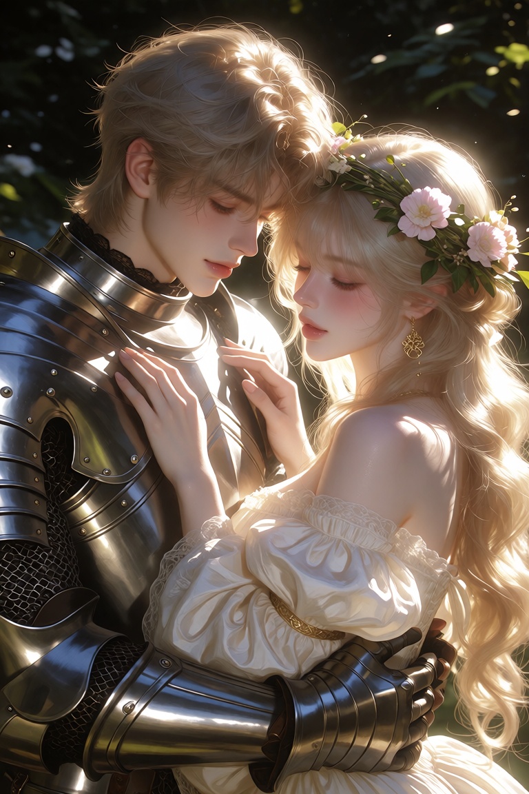A romantic portrait of a knight in gleaming polished armor embracing a woman adorned with a floral crown and a white renai...