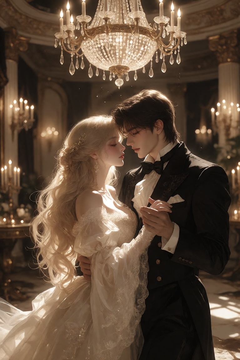 A romantic portrait of two lovers dancing alone beneath an enormous crystal chandelier in a forgotten ballroom. The woman...