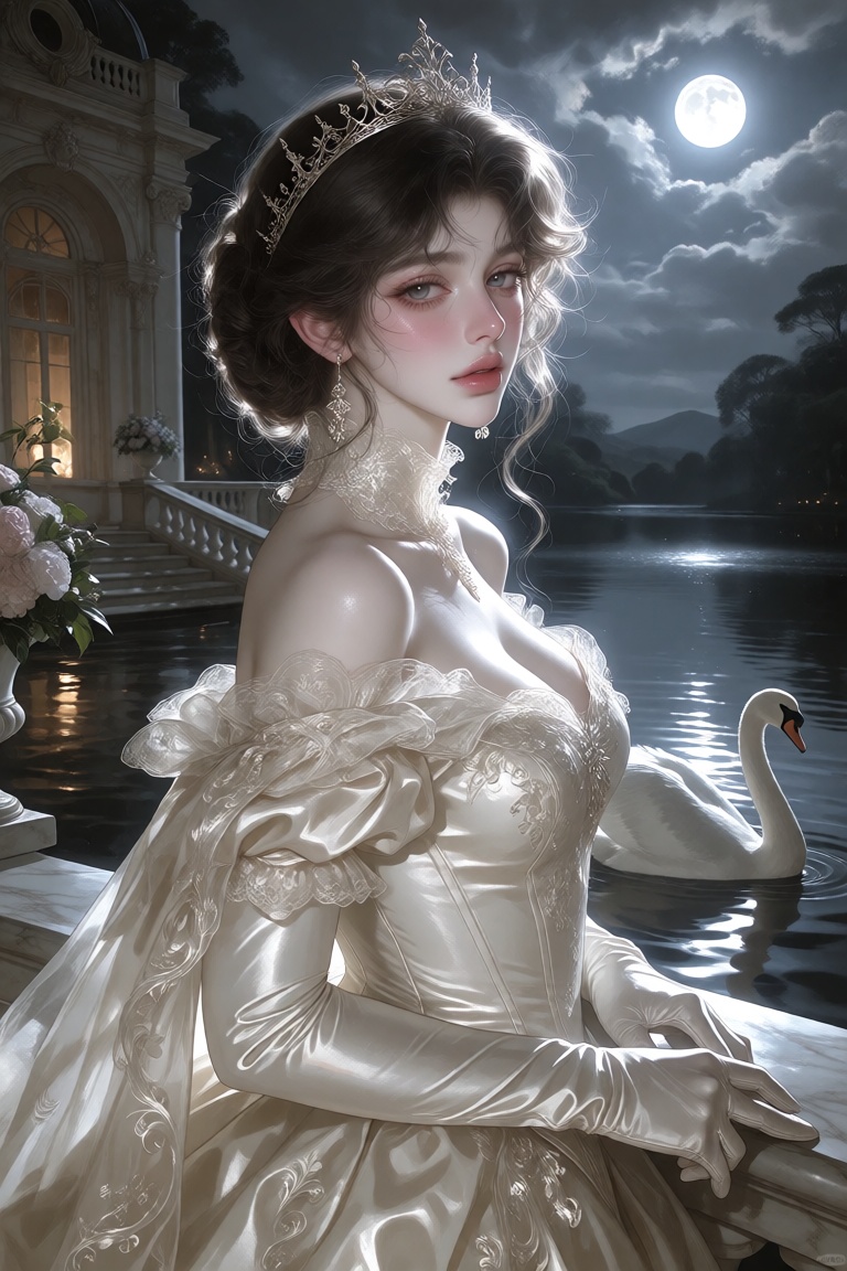 A refined portrait of a young noblewoman standing upon the marble terrace of a moonlit palace overlooking a tranquil lake....