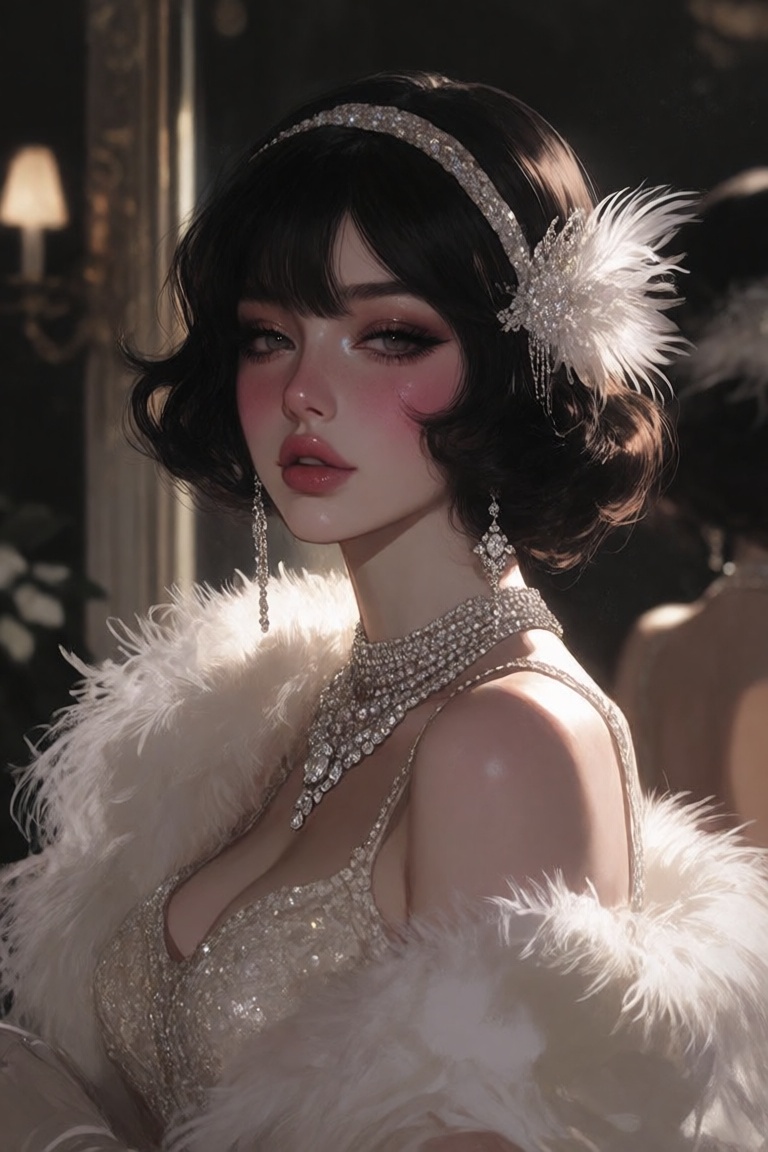 A young woman with dark hair styled in a 1920s bob,  adorned with a glittering headband and a feathered hairpiece. She wea...