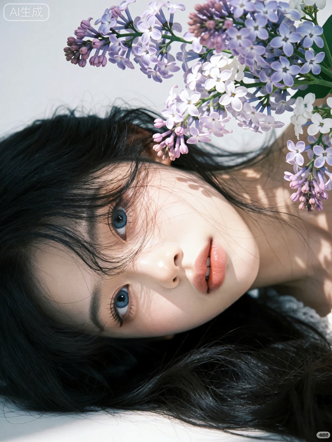 This is a photograph of a young woman with fair skin and striking blue eyes,  lying down with her head tilted slightly to...