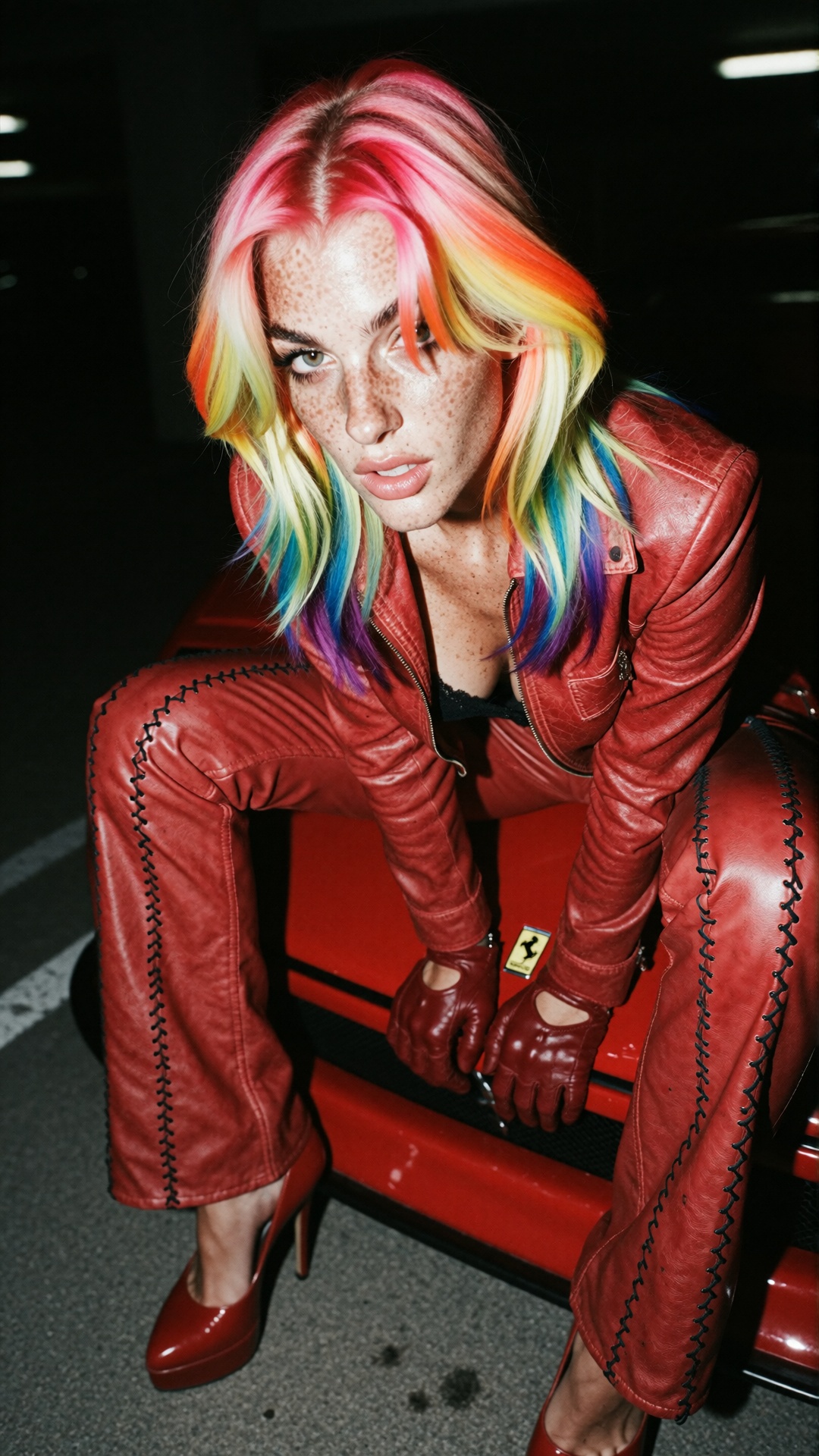 photograph of a 23-year-old college woman with rainbow gradient hair and freckled skin,  in a very dark setting,  using th...