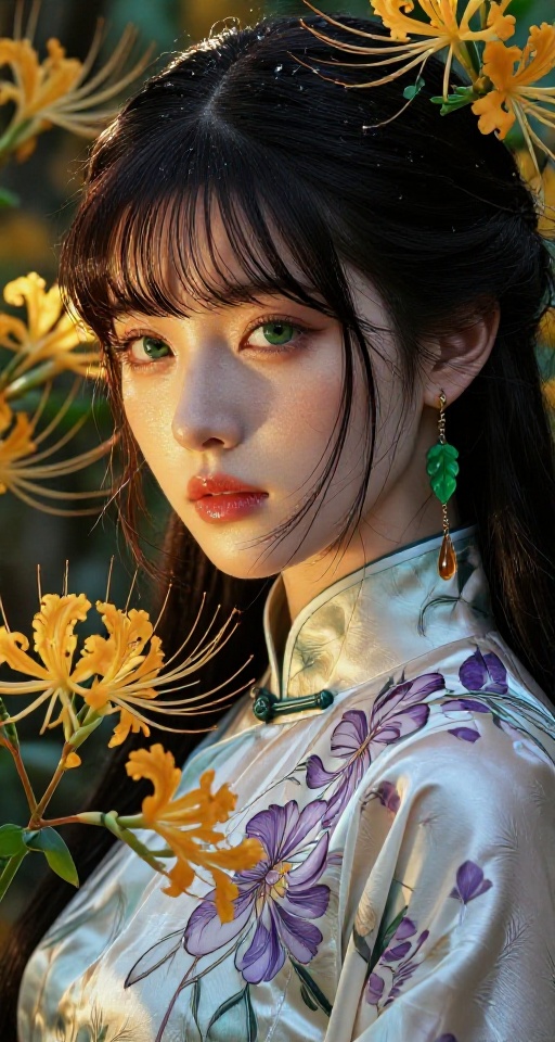 一位年輕的漂亮女子,  肌膚如瓷般細膩,  一雙碧綠明亮的大眼睛溫柔地凝視著觀者 on Tensor.Art
