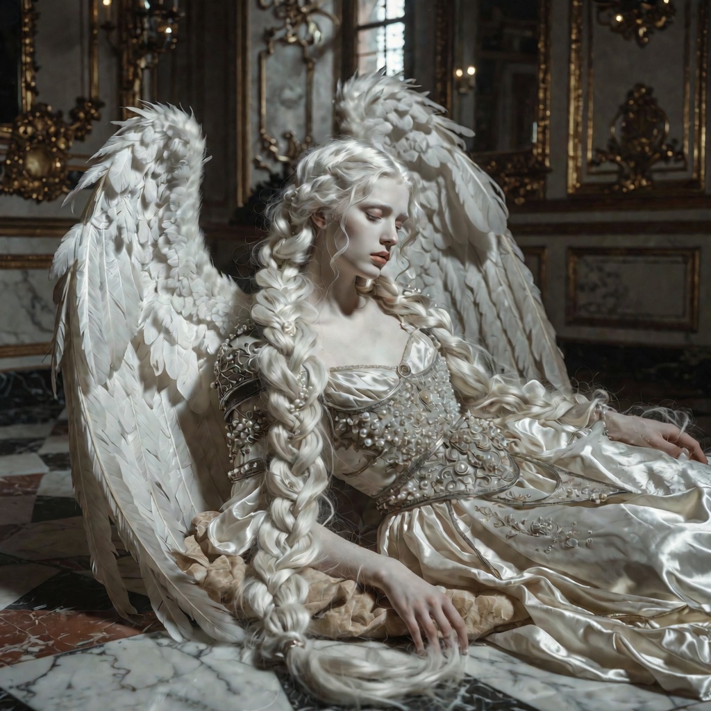 A hyper-detailed cinematic shot of a sorrowful fallen angel with striking albino features,  translucent pale skin,  and cl...
