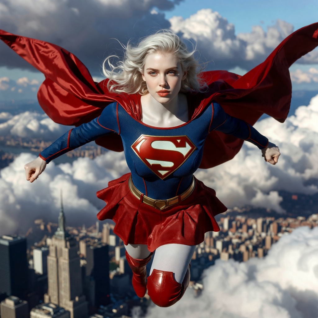 A stunning blonde superheroine flying directly toward the camera,  crystal-blue eyes,  flawless fair skin on Tensor.Art