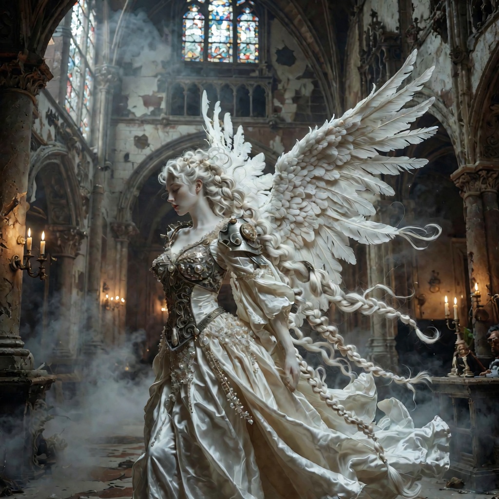 English Prompt: A hyper-detailed cinematic shot of a sorrowful fallen angel with striking albino features,  translucent pa...