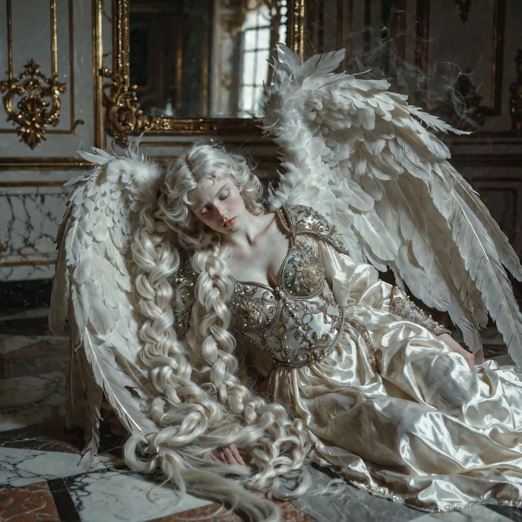 A hyper-detailed cinematic shot of a sorrowful fallen angel with striking albino features,  translucent pale skin,  and cl...