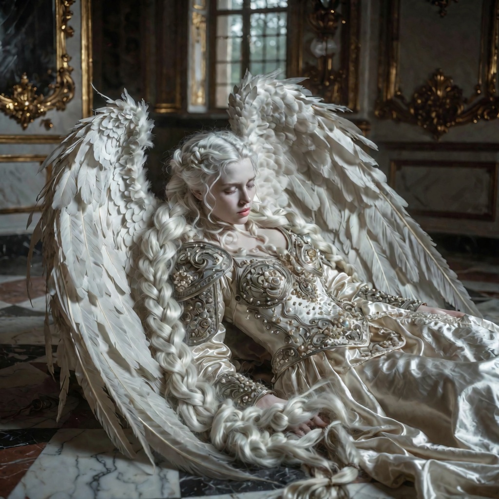 A hyper-detailed cinematic shot of a sorrowful fallen angel with striking albino features,  translucent pale skin,  and cl...