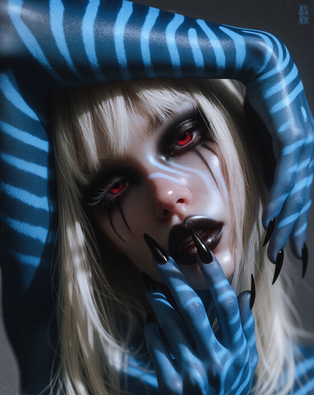 This is a high-resolution digital illustration featuring a close-up of a woman's face with an ethereal and haunting aesthe...