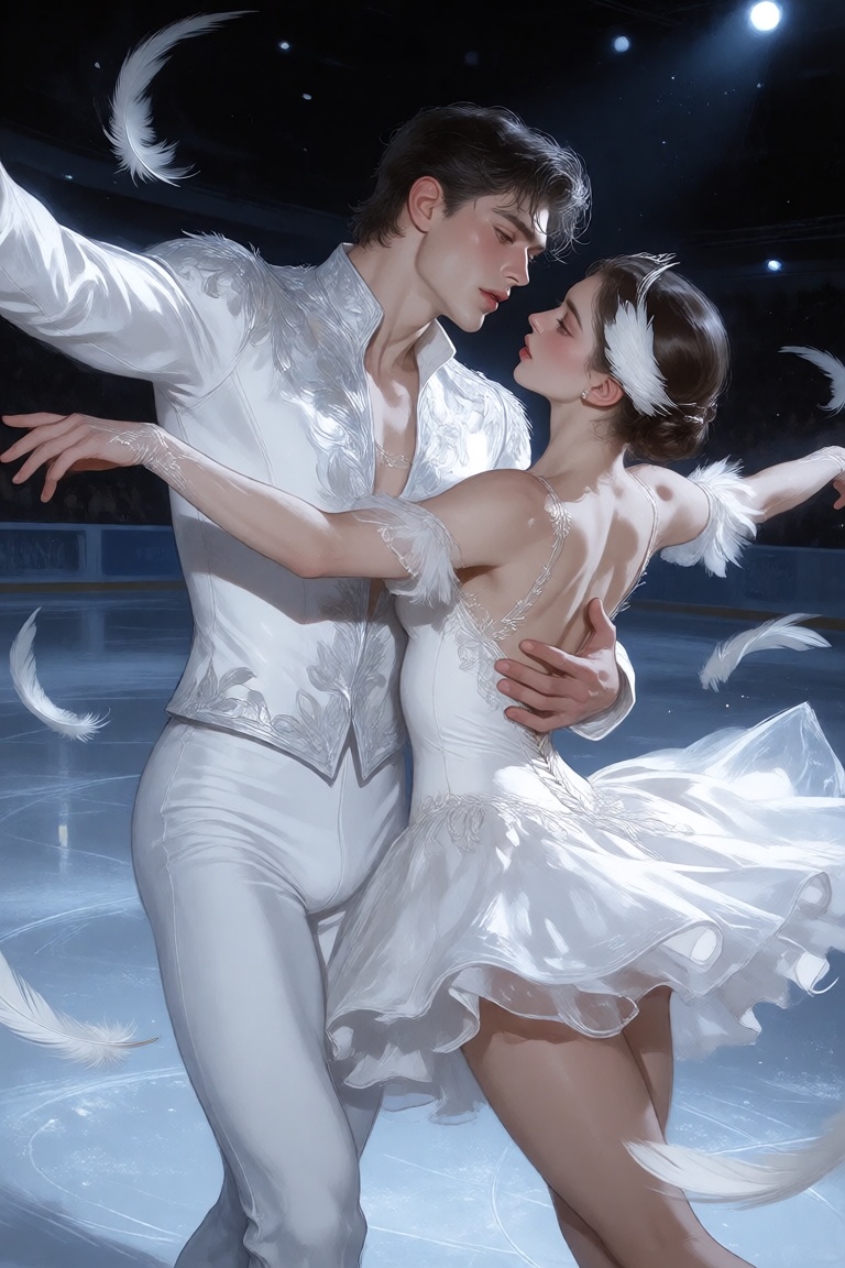 Viewed from a cinematic side angle during an elegant figure skating performance inspired by Swan Lake,  an exceptionally h...