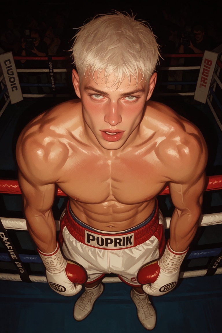 Viewed from directly above inside a dimly lit boxing ring moments after the final round,  a breathtakingly handsome boxer...