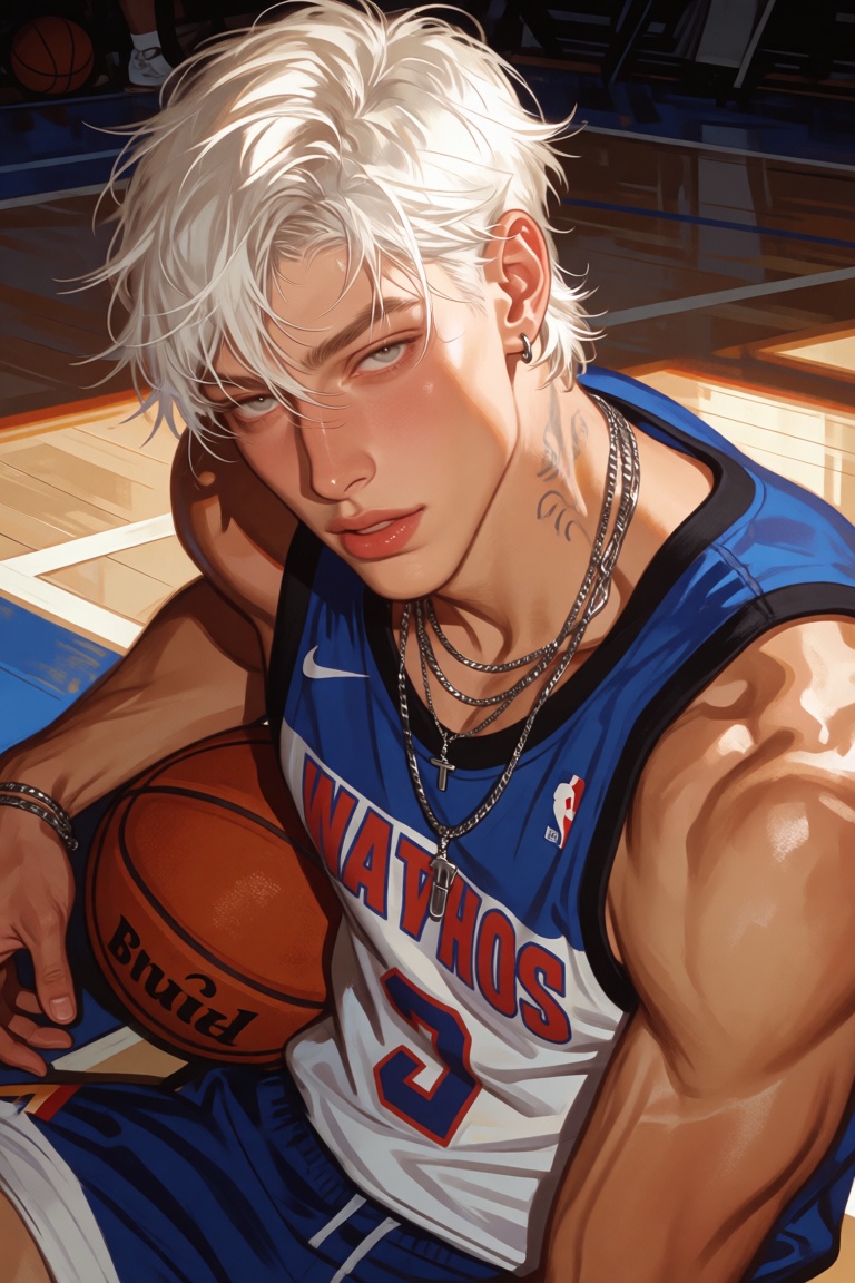 Viewed from directly above in a cinematic editorial composition,  an impossibly handsome young basketball player with mess...