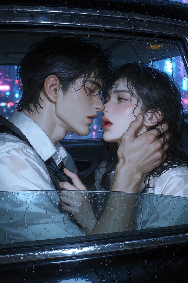 Viewed through the rain-covered window of a luxury black taxi at night,  a handsome young man with wet black hair and roll...