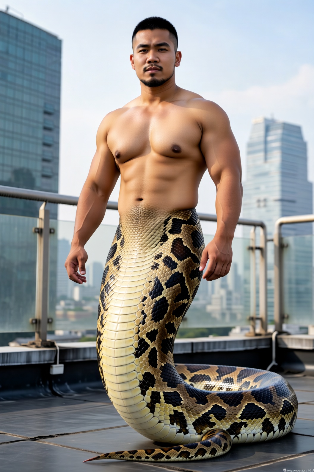 人蛇族,  壮硕男蛇人,  拥有如缅甸蟒般棕黑相间的网状斑纹蛇尾。身躯魁梧 by 一起旅行 on Tensor.Art