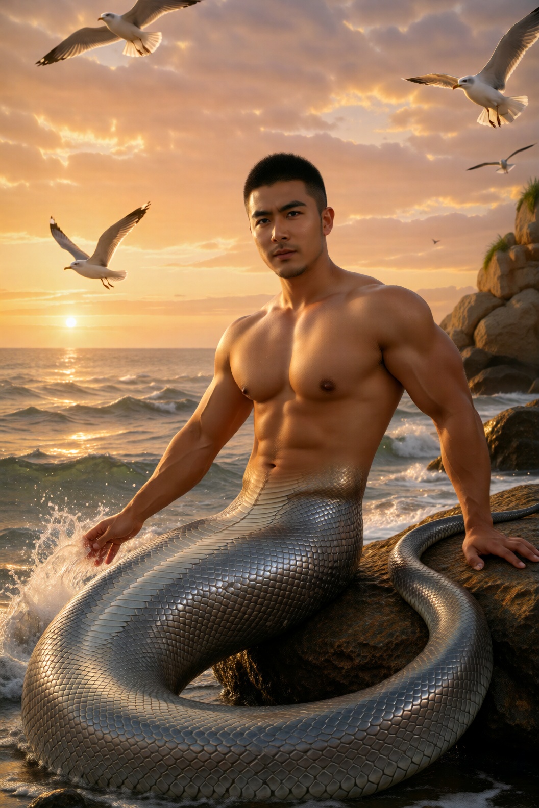 中国面孔,  人蛇族男性,  身材魁梧健硕 by 一起旅行 on Tensor.Art