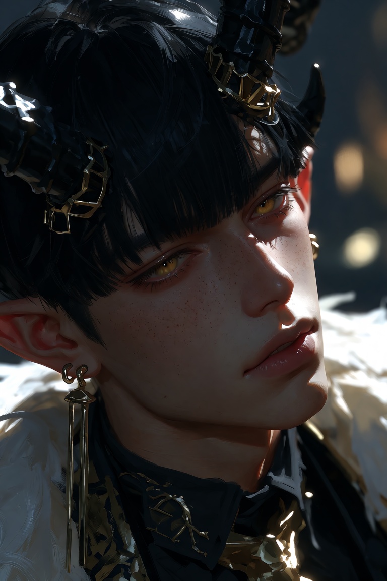 Character: Create a portrait of a lone male with short,  black hair and bangs that fall just above his eyes. He wears dist...