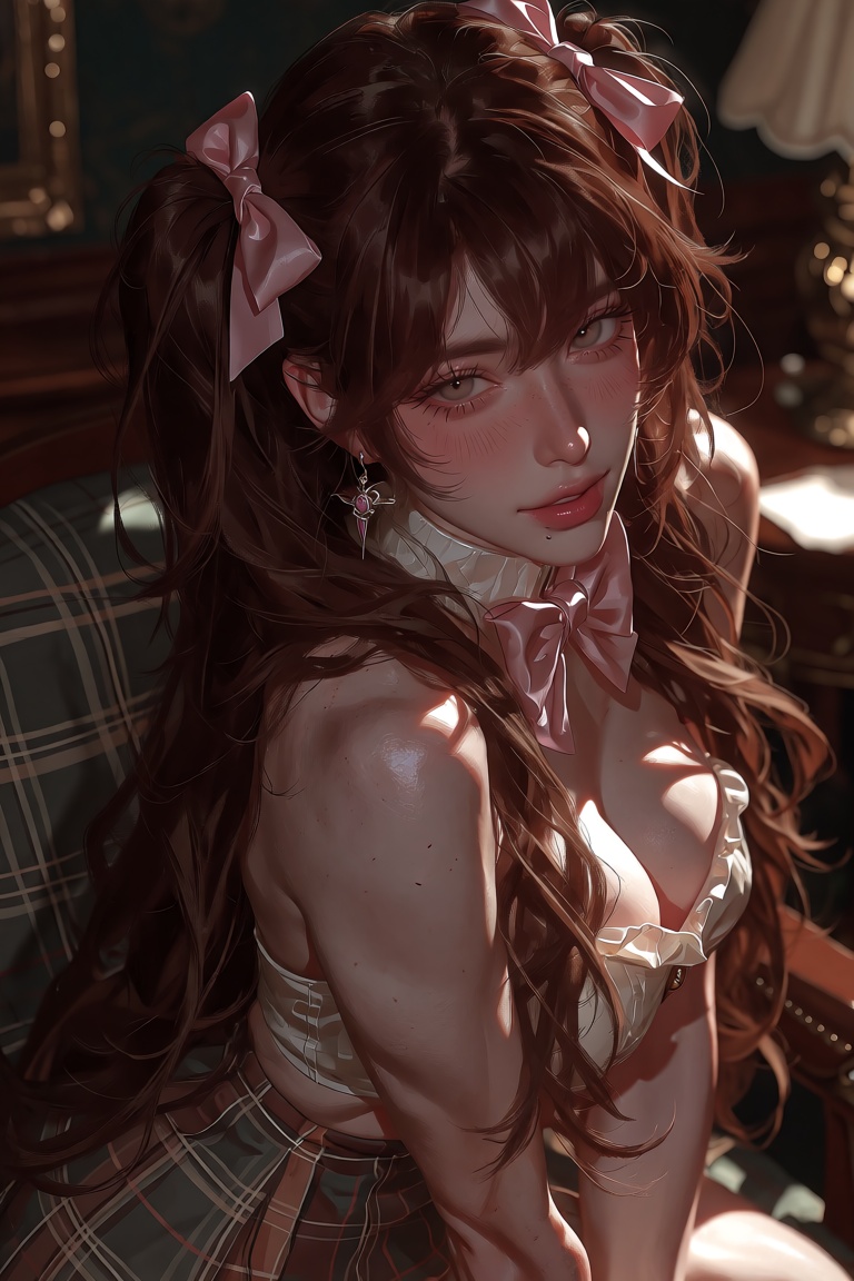 Character: Create a detailed illustration of a woman with long,  flowing brown hair,  styled in twin tails on Tensor.Art