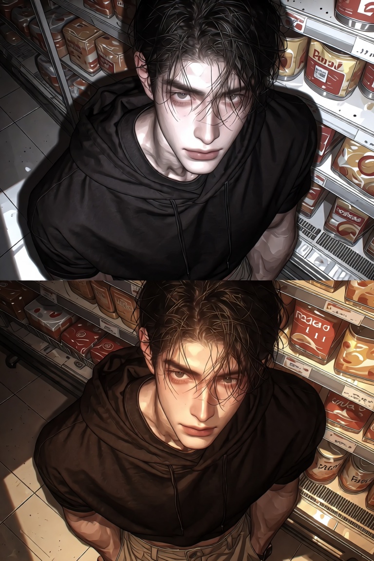 A tall,  handsome man with black hair and eyes stands in a grocery store,  his gaze locking with the viewer’s. He wears a...