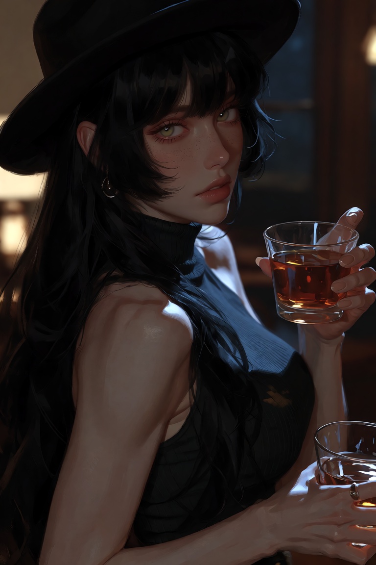 Character: A woman with long,  black hair and a hat,  looking directly at the viewer with parted lips and green eyes on Te...