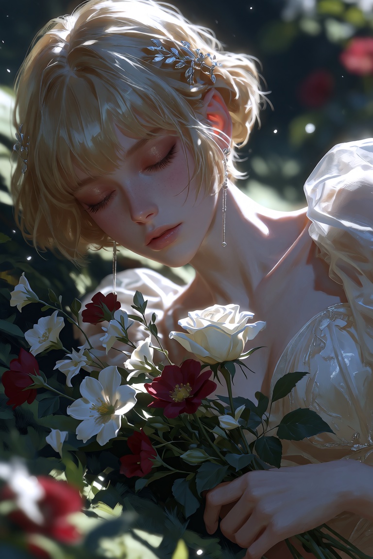 Character: Create a serene and enchanting scene featuring a woman with short,  blonde hair and a delicate hair ornament,...