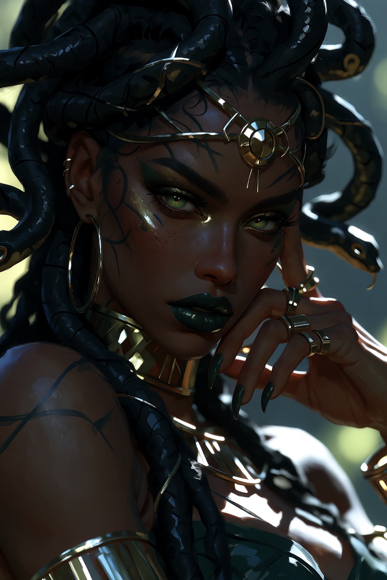 Character: Create a realistic portrait of a woman resembling Medusa with black hair and golden makeup around her green eye...