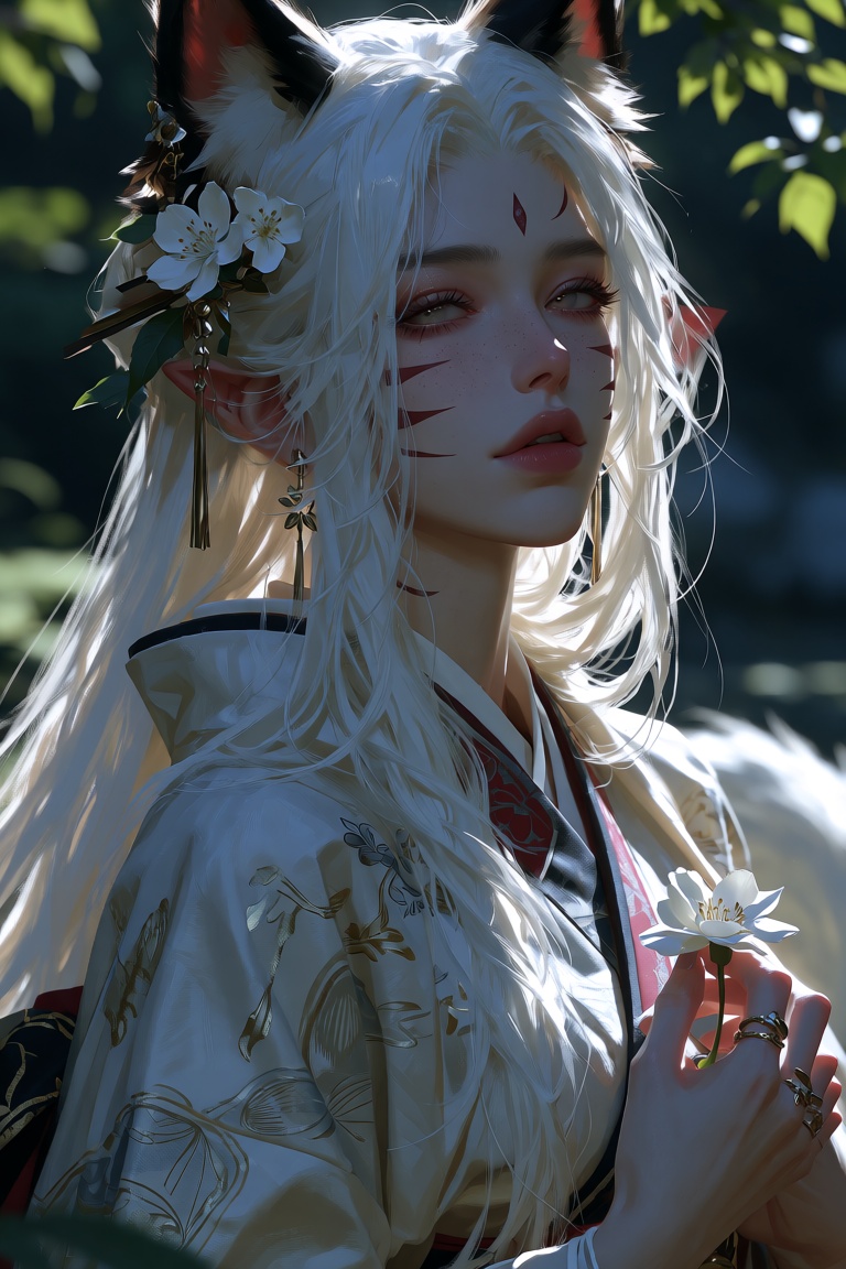 Character: Create a detailed portrait of a lone woman with long,  flowing white hair and a distinct facial mark. She wears...