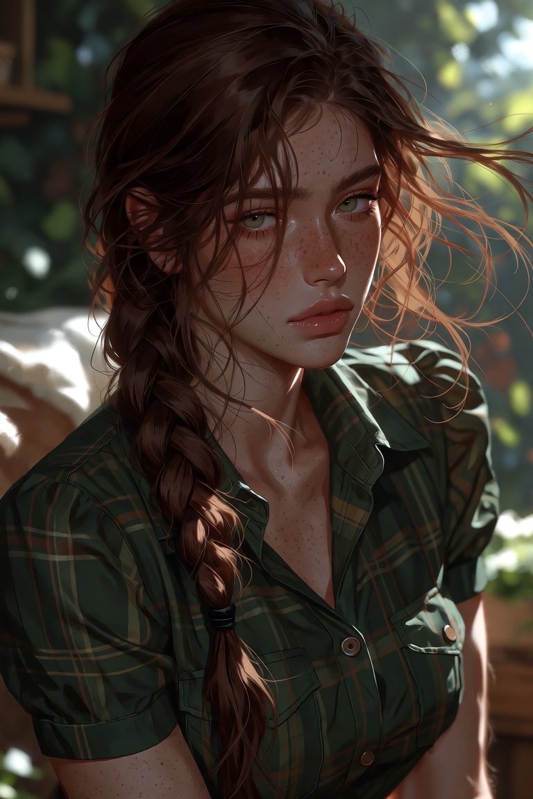 Character: Create a detailed illustration of a woman with long,  brown hair and a single braid hanging over her shoulder....
