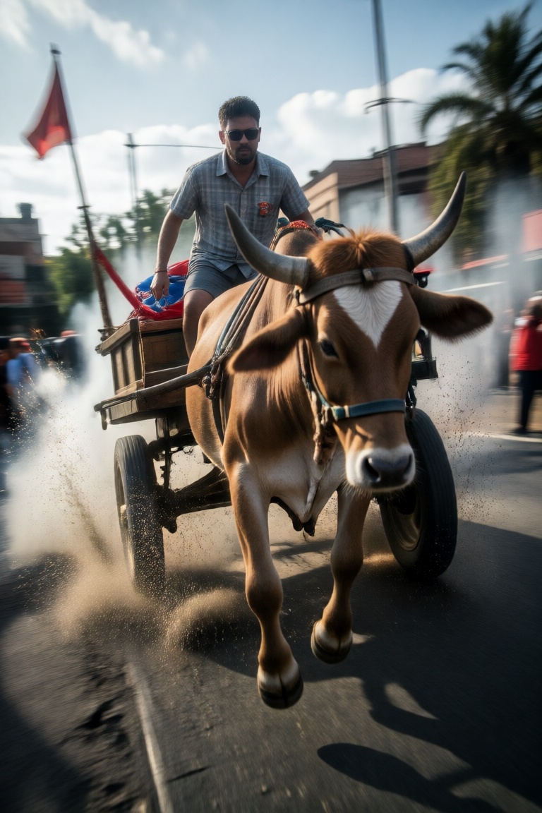 bullock cart in fast speed,  motion blur,  splash on Tensor.Art