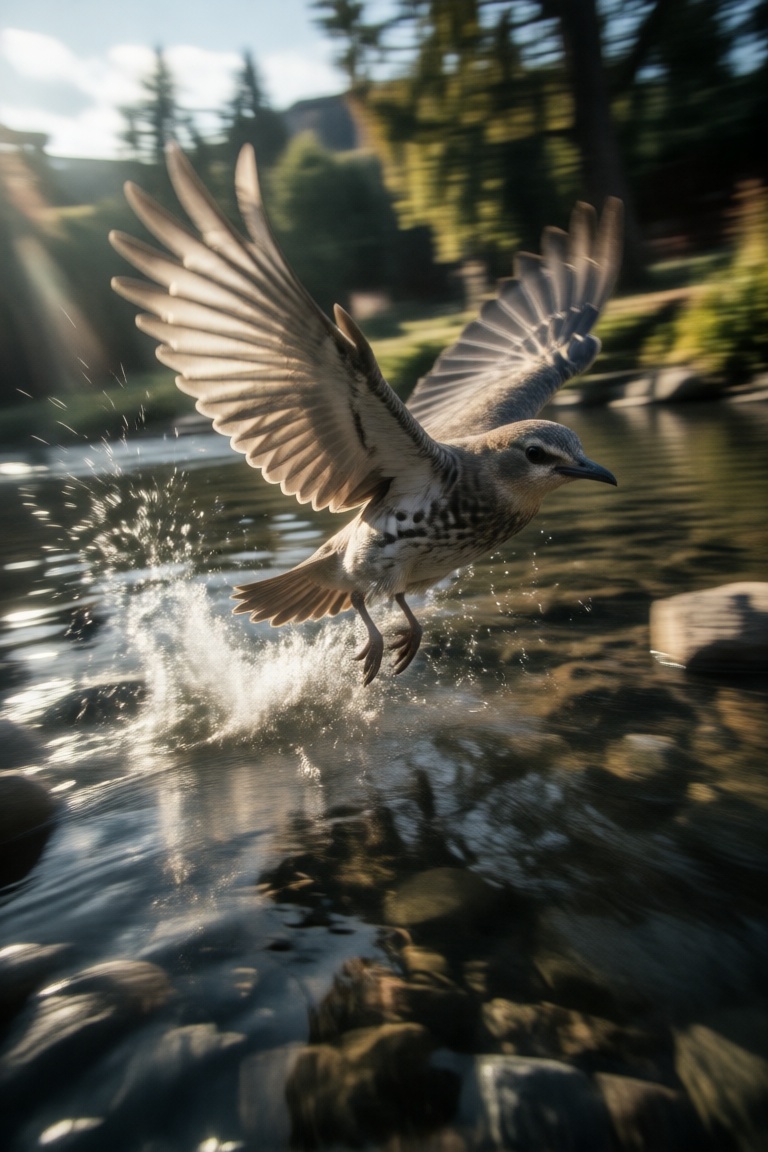 bird flying slightly above the river in fast speed,  background in motion blur,  splash on Tensor.Art