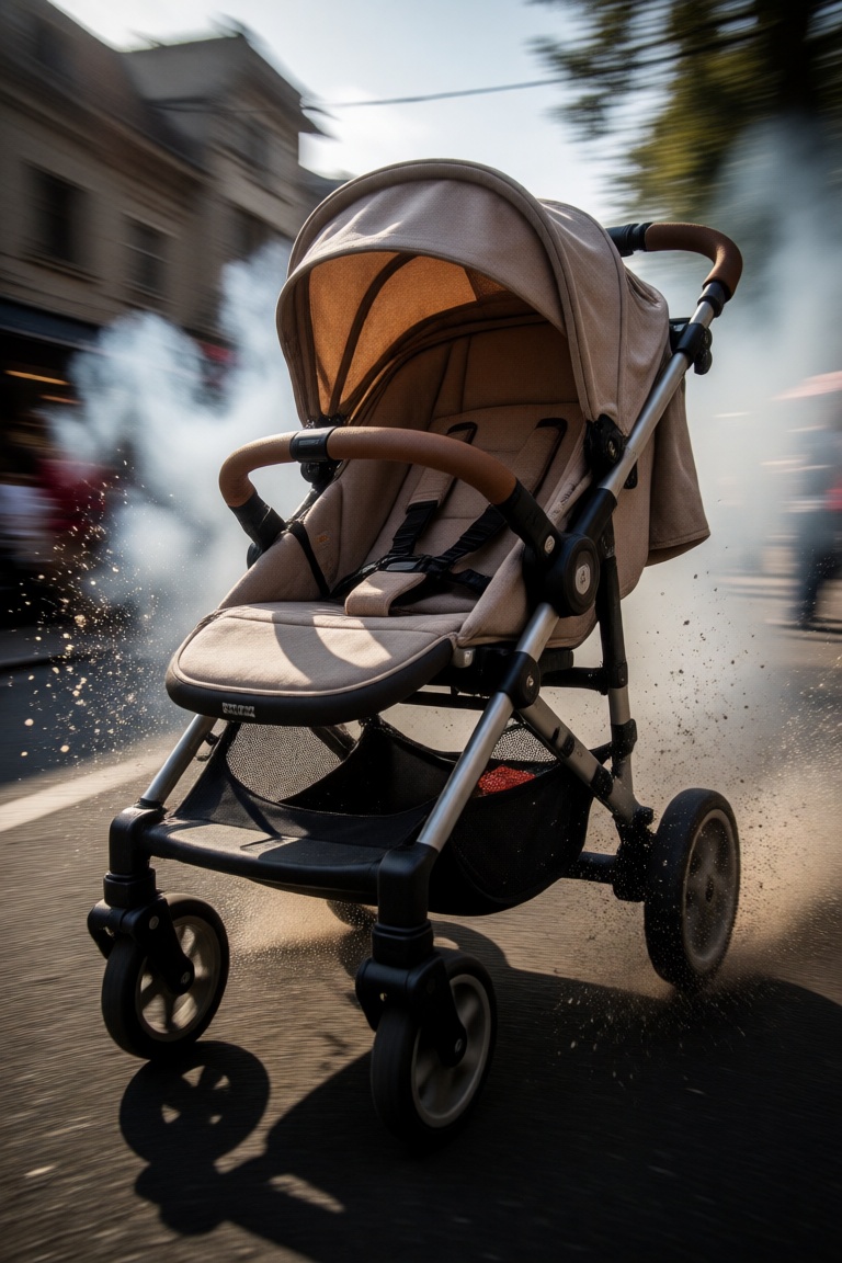 empty baby stroller in fast speed,  motion blur,  splash on Tensor.Art