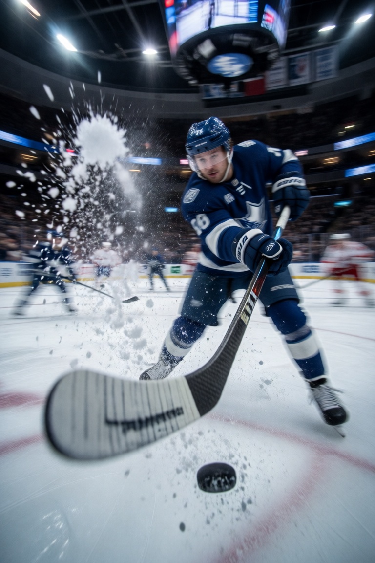 A low 10mm ultra-wide action photograph anchored on the blade of a composite hockey stick during a slapshot. The carbon fi...