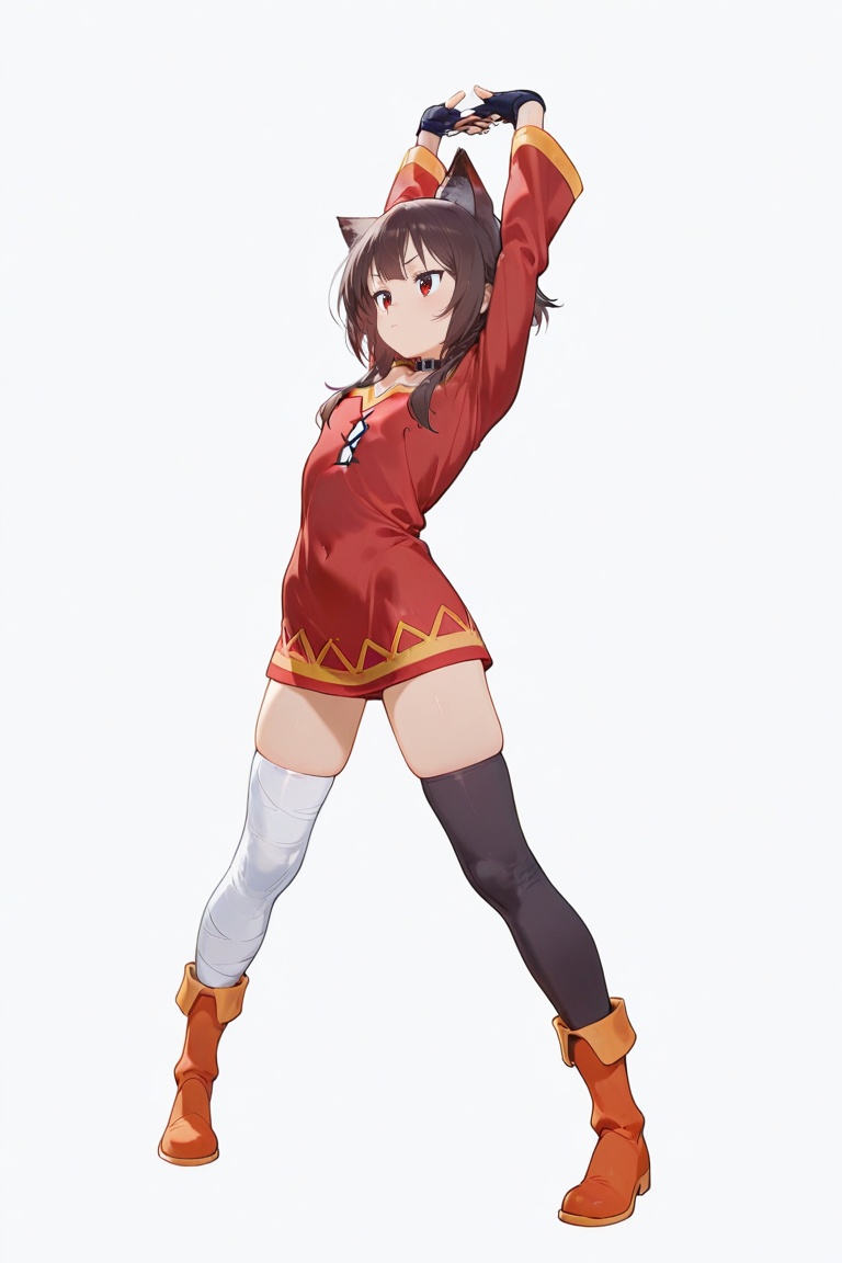 stretching pose,  both hands raised high above the head with fingers interlocked,  body slightly tilted to the side with h...