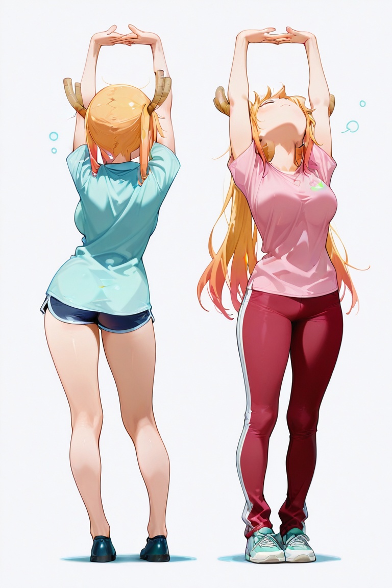 stretching pose,  both hands raised high above the head with fingers interlocked,  body slightly tilted to the side with h...