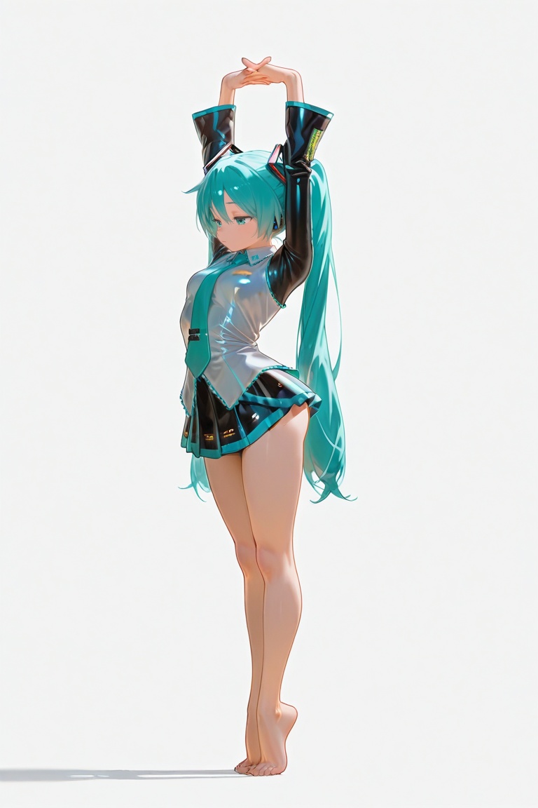 stretching pose,  both hands raised high above the head with fingers interlocked,  body slightly tilted to the side with h...