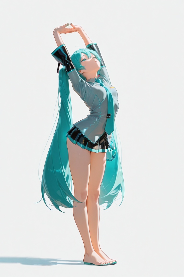 stretching pose,  both hands raised high above the head with fingers interlocked,  body slightly tilted to the side with h...