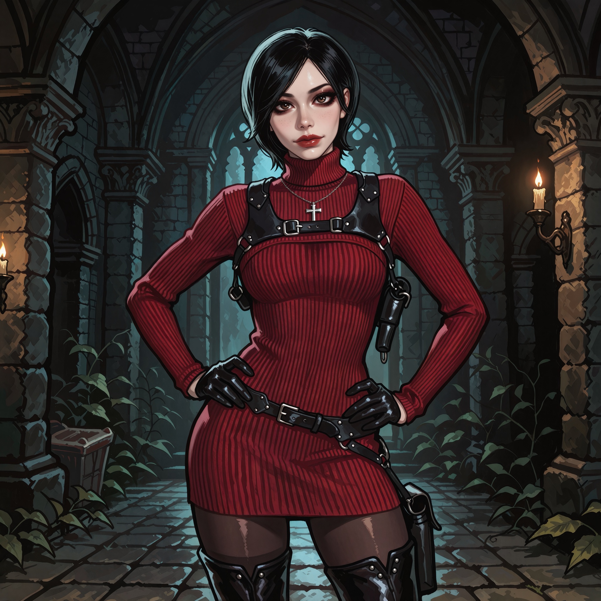 Vv.LXVIII - Atrox,  Vv.LXVIII - RE4R-Ada_Wong,  she is wearing a silver Catholic Cross necklace on Tensor.Art