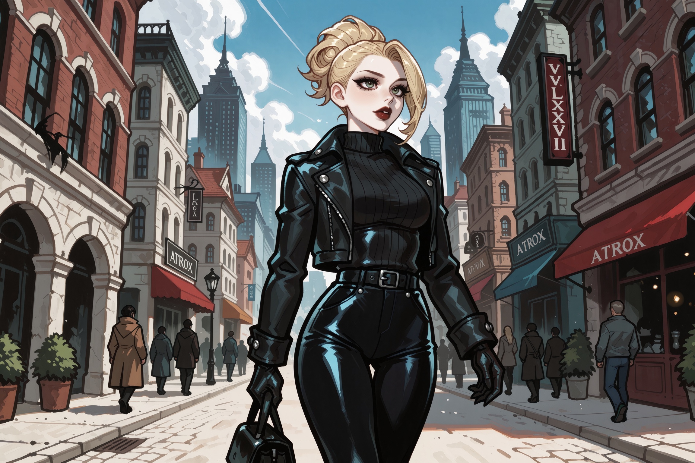 Vv.LXVIII - Atrox,  A blonde woman strolling through the city on Tensor.Art