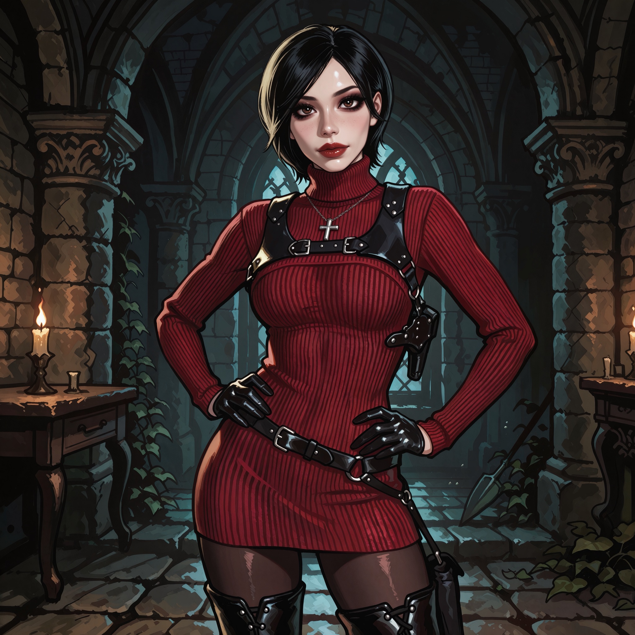 Vv.LXVIII - Atrox,  Vv.LXVIII - RE4R-Ada_Wong,  she is wearing a silver Catholic Cross necklace on Tensor.Art
