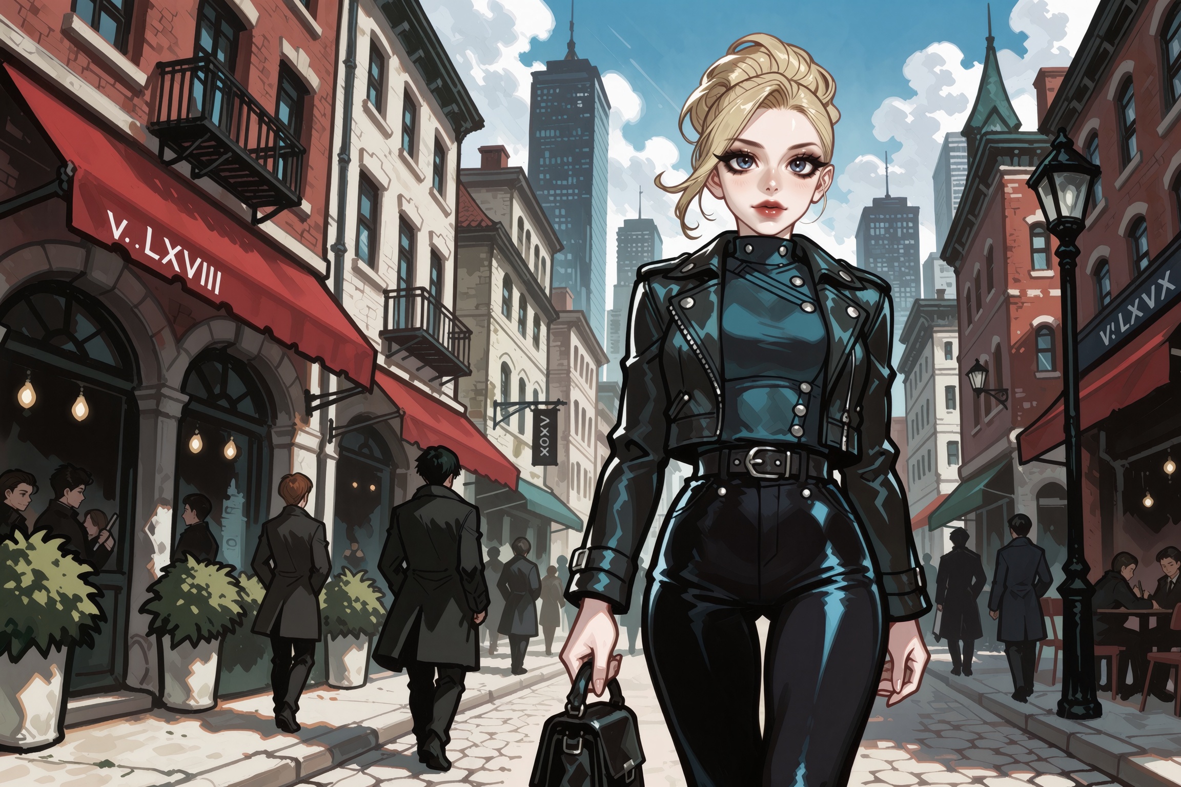 Vv.LXVIII - Atrox,  A blonde woman strolling through the city on Tensor.Art