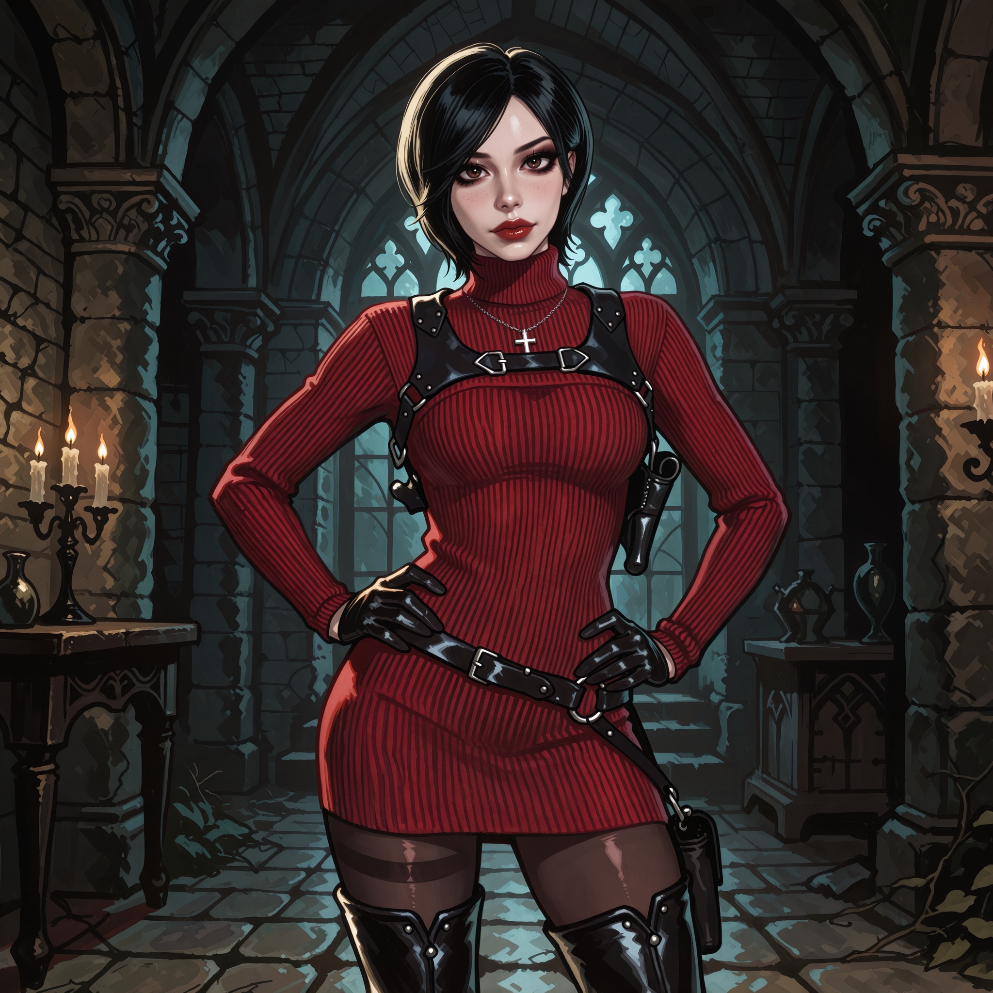Vv.LXVIII - Atrox,  Vv.LXVIII - RE4R-Ada_Wong,  she is wearing a silver Catholic Cross necklace on Tensor.Art