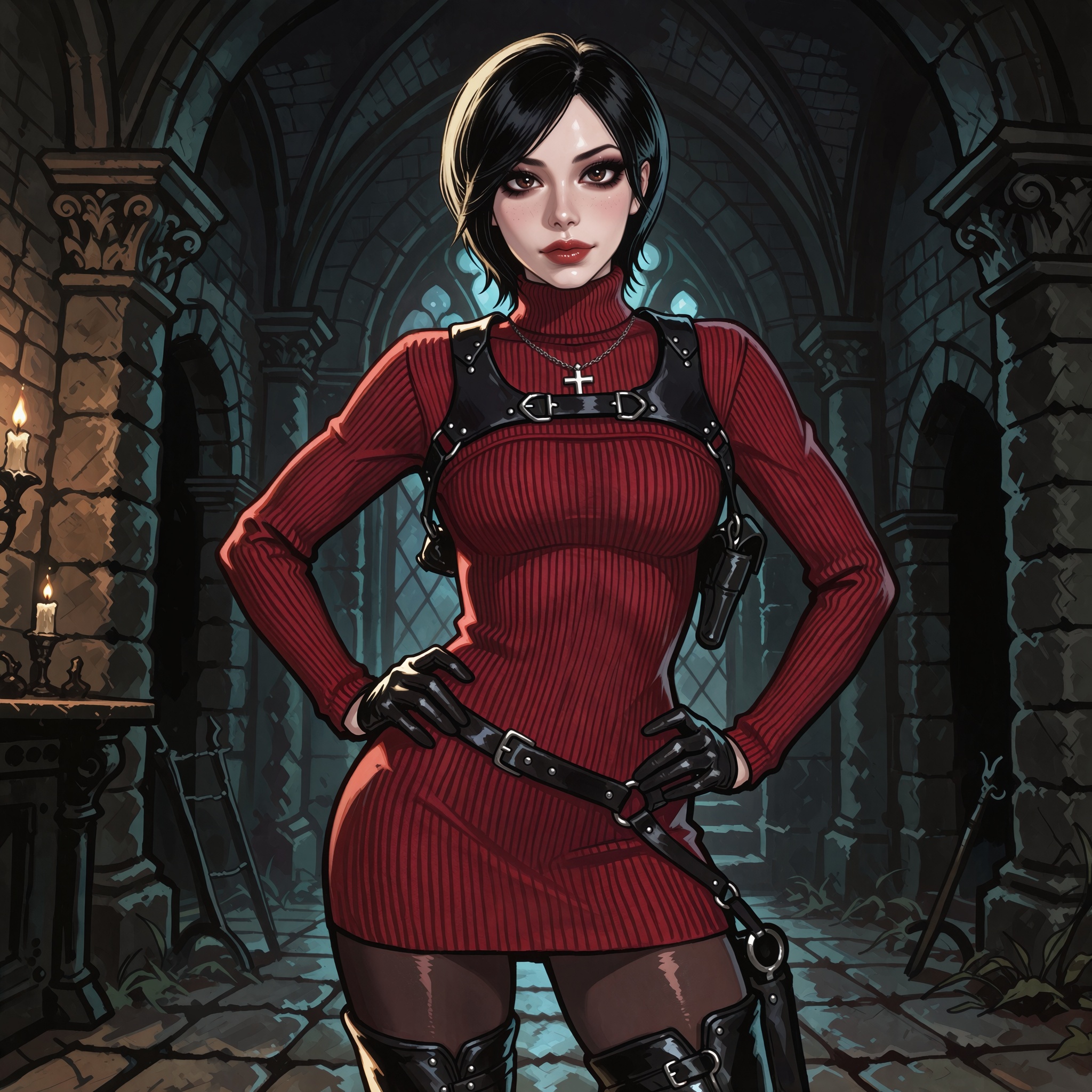 Vv.LXVIII - Atrox,  Vv.LXVIII - RE4R-Ada_Wong,  she is wearing a silver Catholic Cross necklace on Tensor.Art