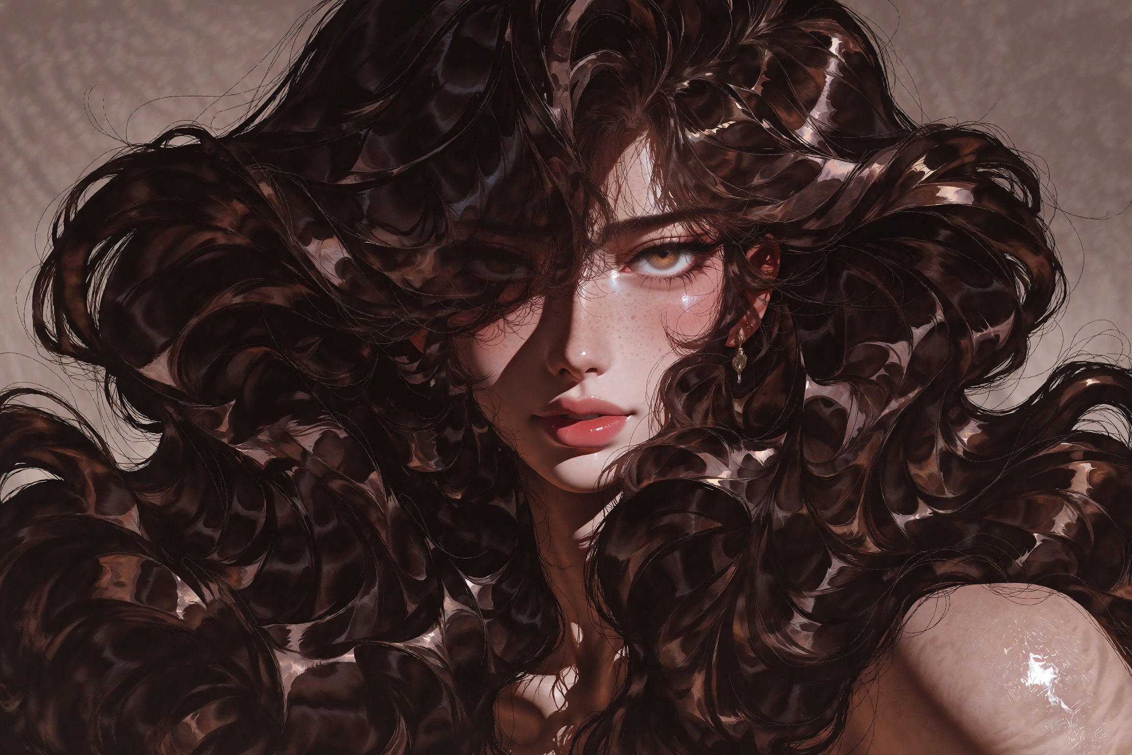 A close-up beauty portrait of a woman enveloped in extraordinarily voluminous,  glossy chocolate-brown hair with massive c...