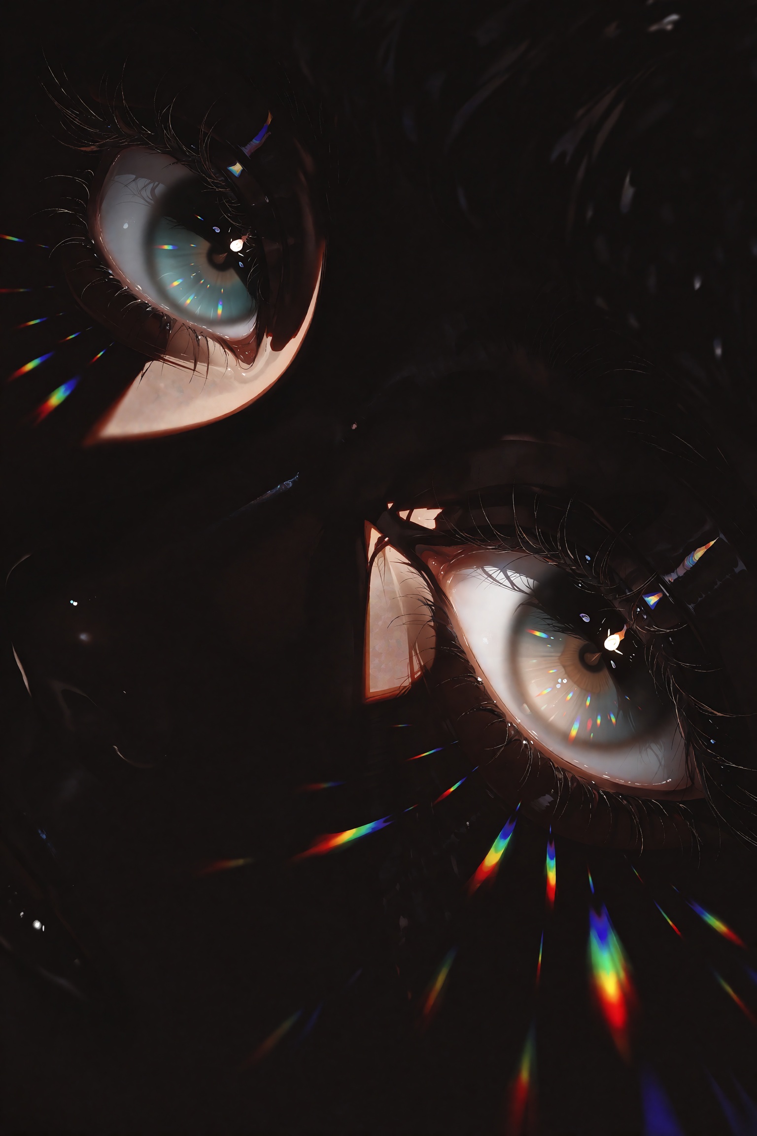 A hauntingly minimalist anime composition of two luminous eyes emerging from absolute pitch-black darkness,  positioned di...